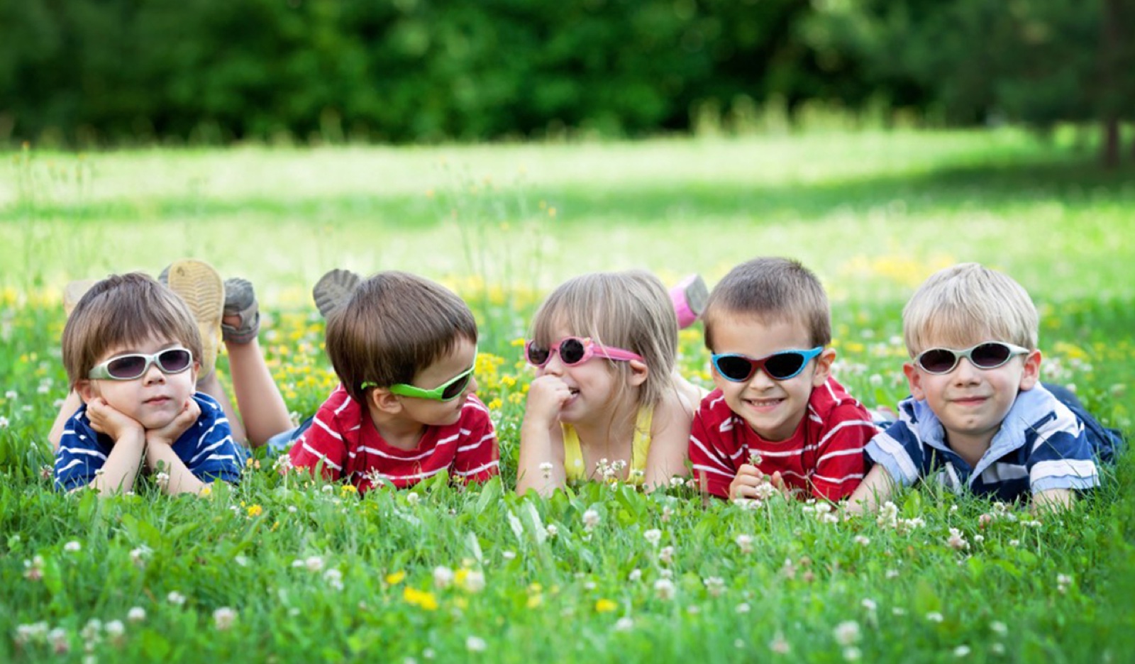 Kids wearing colorful sunglasses in a sunny meadow
